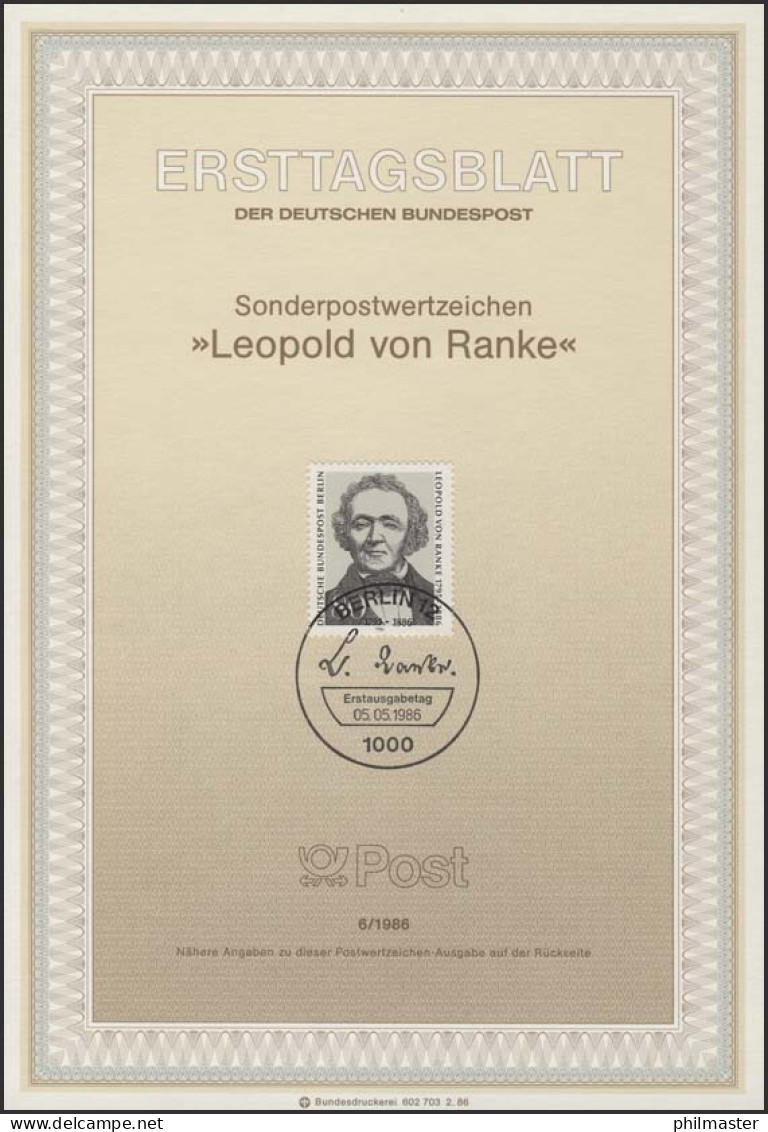 ETB 06/1986 Leopold Von Ranke, Historiker - 1e Jour – FDC (feuillets)