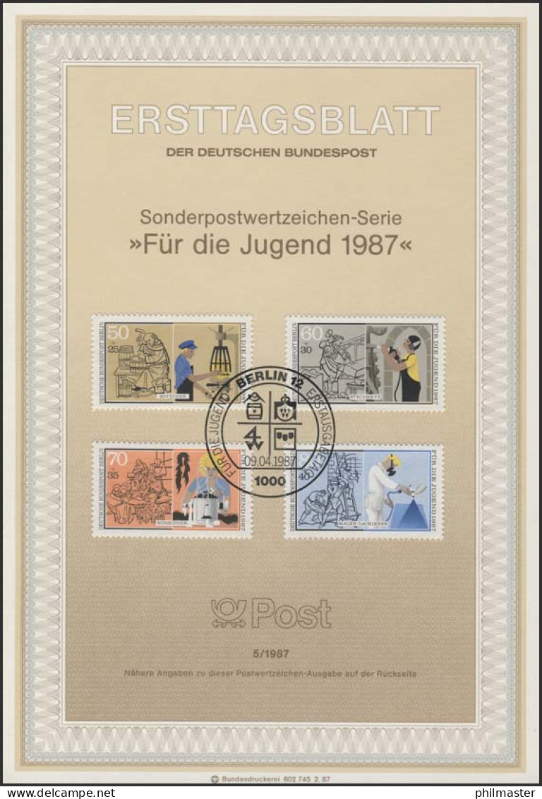 ETB 05/1987 Jugend, Handwerksberufe, Böttcher, Maler - 1st Day – FDC (sheets)