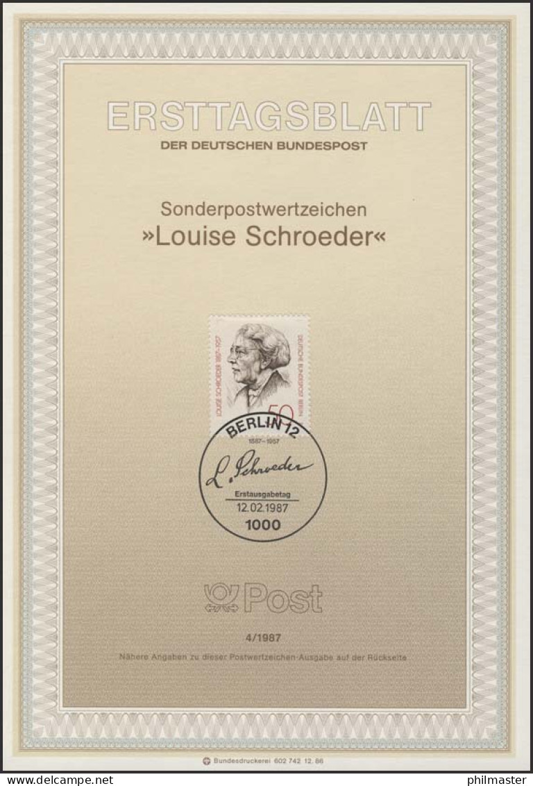 ETB 04/1987 Louise Schroeder, Politikerin - 1. Tag - FDC (Ersttagblätter)