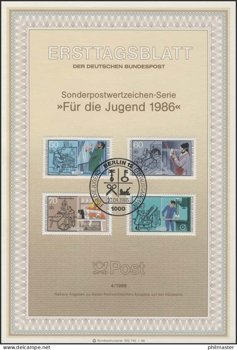 ETB 04/1986 Jugend, Handwerksberufe, Glaser, Schlosser - 1. Tag - FDC (Ersttagblätter)