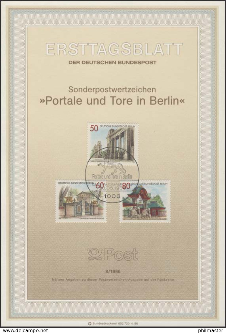 ETB 08/1986 Portale Und Tore, Elefantentor, Greifentor - 1. Tag - FDC (Ersttagblätter)