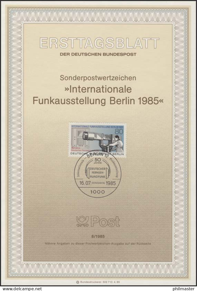 ETB 08/1985 IFA, Fernsehkamera, Fersehempfänger - 1. Tag - FDC (Ersttagblätter)