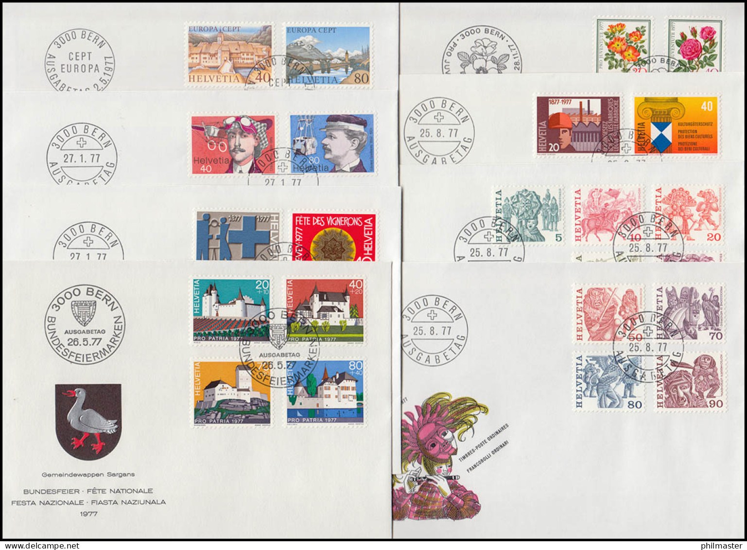 1087-1115 Schweiz-Jahrgang 1977 Komplett Auf Schmuck-FDC - Other & Unclassified