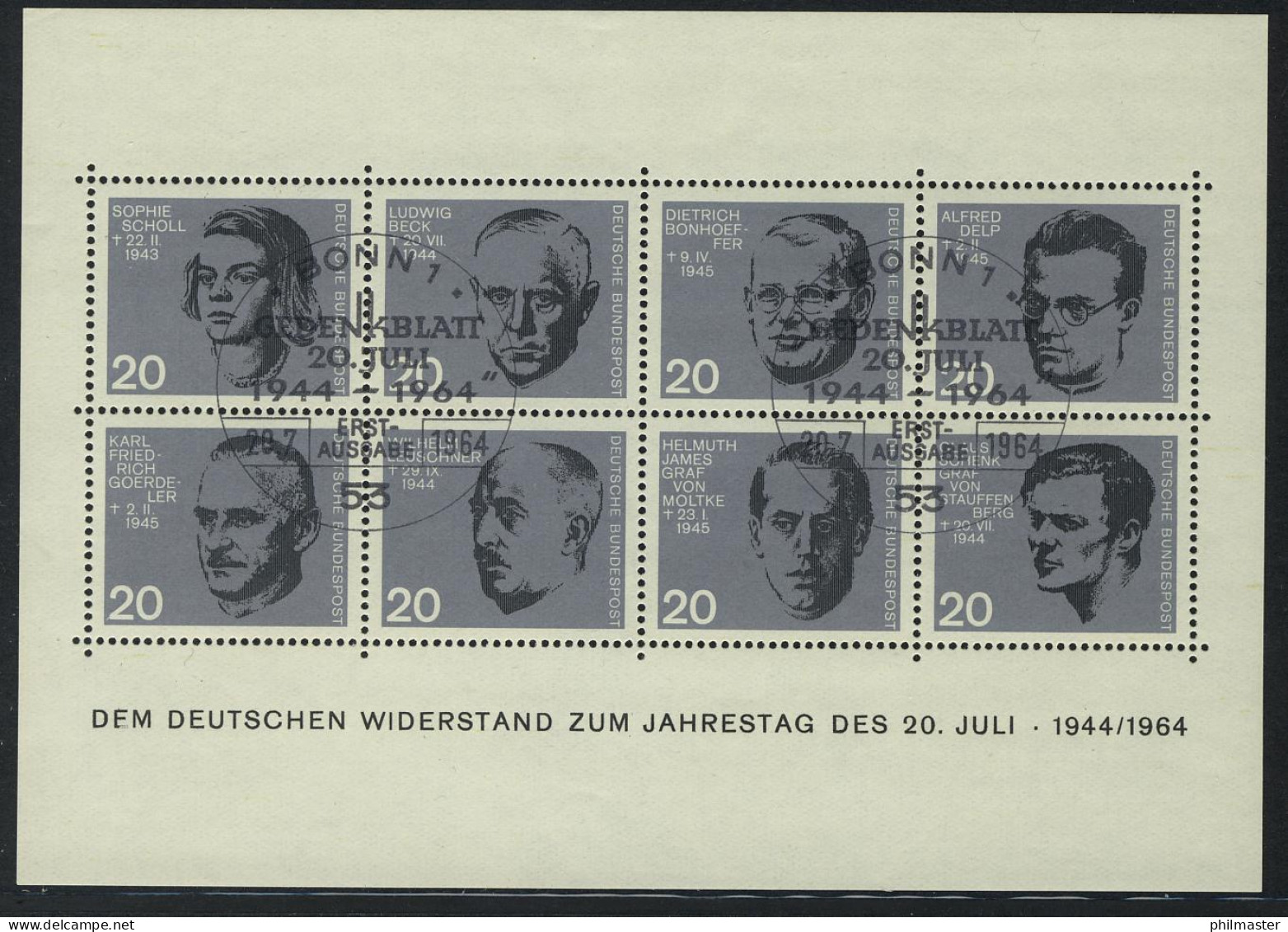 Block 3 Widerstand 20. Juli 1944, Ersttagssonderstempel ESSt Bonn - Oblitérés