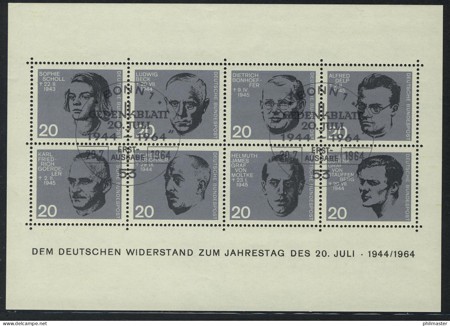Block 3 Widerstand 20. Juli 1944, Ersttagssonderstempel ESSt Bonn - Used Stamps