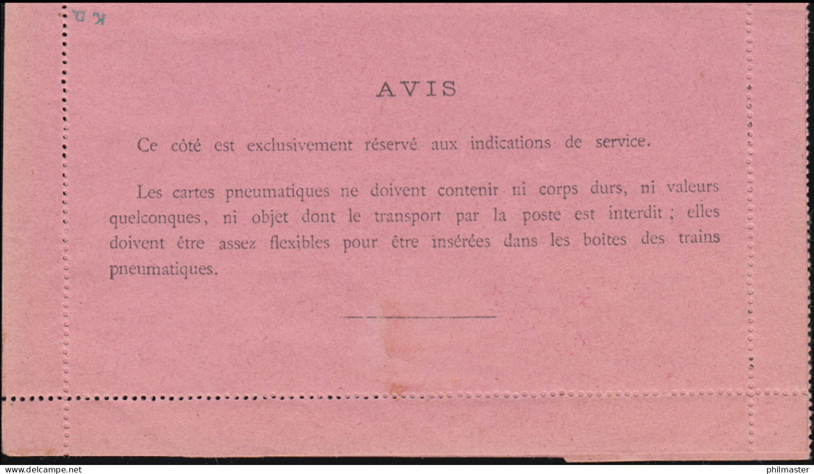 Frankreich Rohrpost-Kartenbrief RK 20h Aufdruck 60 Auf 1 Fr., Ungebraucht ** - Other & Unclassified
