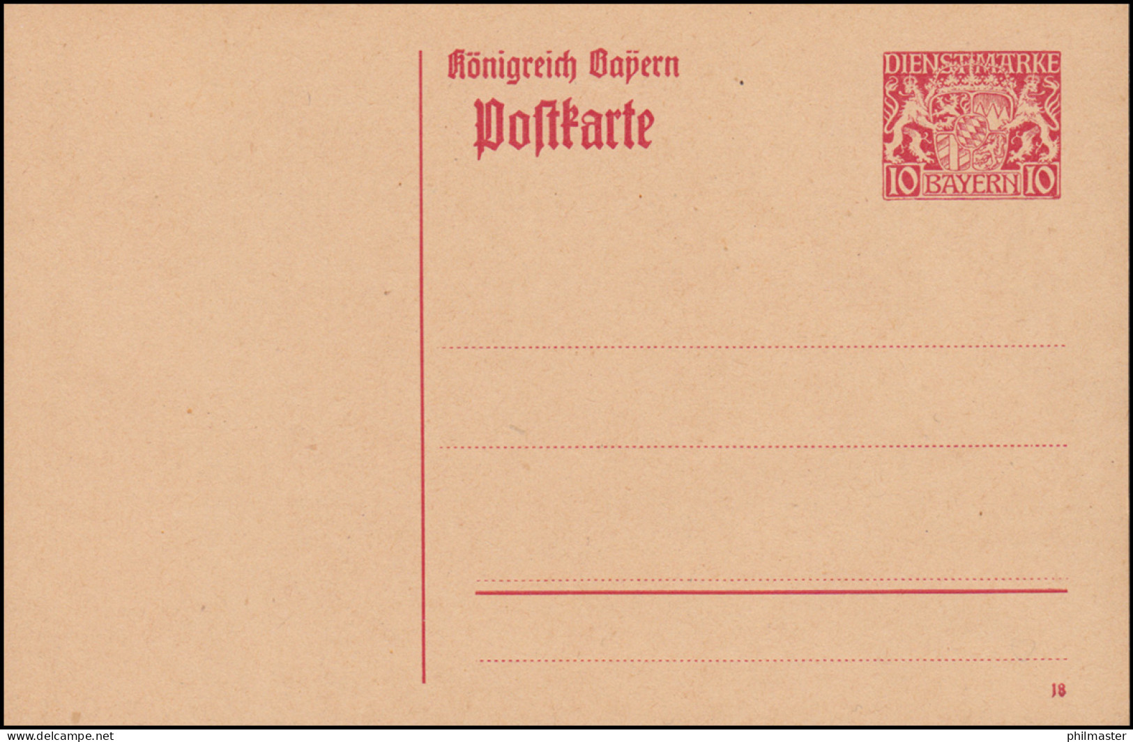 Bayern Dienstpostkarte DP 2 Wappen Mit Krone 10 Pf. Rot, DV 18, ** - Ganzsachen