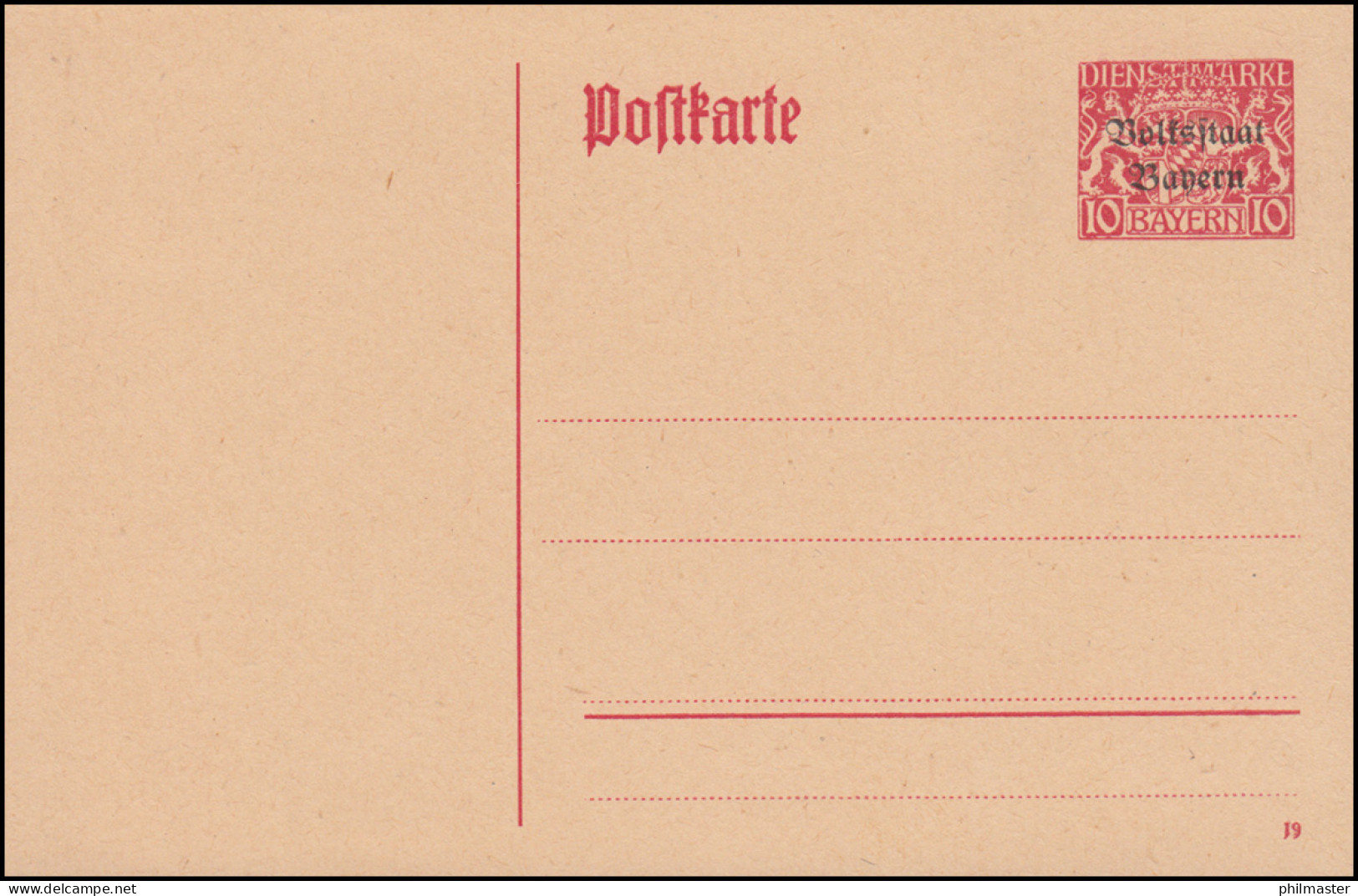 Bayern Dienstpostkarte DP 4 Wappen / Volksstaat 10 Pf. Karmin, DV 19, ** - Postal  Stationery