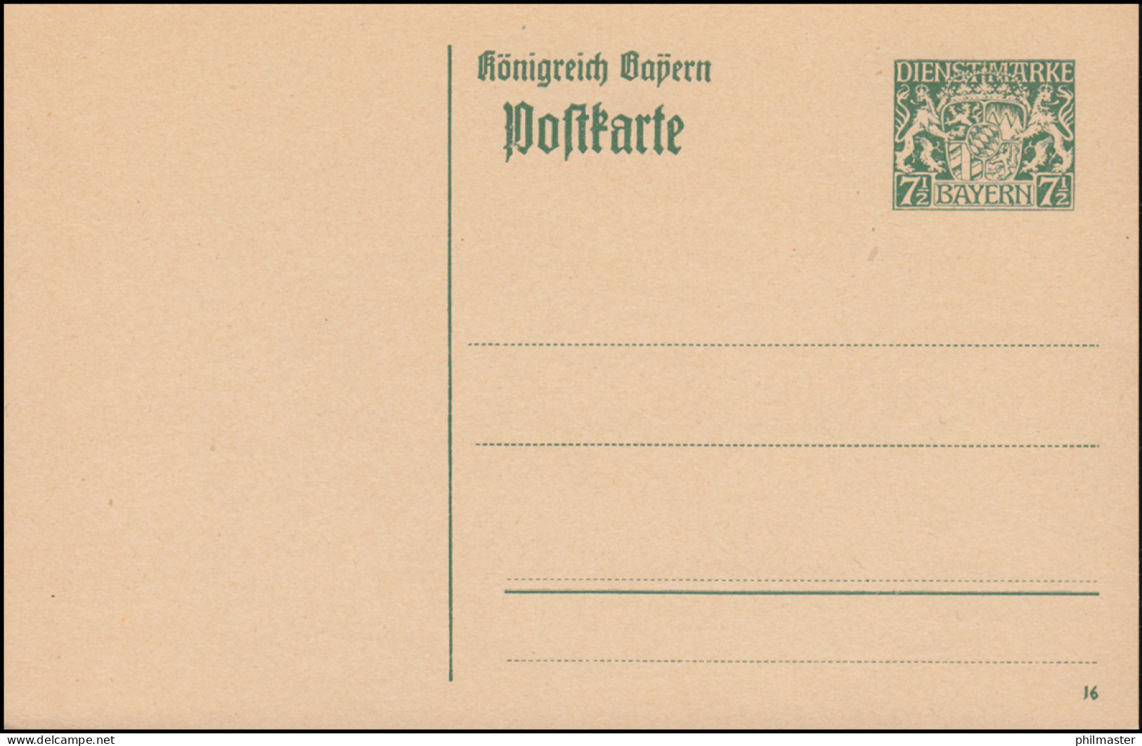 Bayern Dienstpostkarte DP 1/01 Wappen Mit Krone 7 1/2 Pf. Grün, DV 16, ** - Entiers Postaux