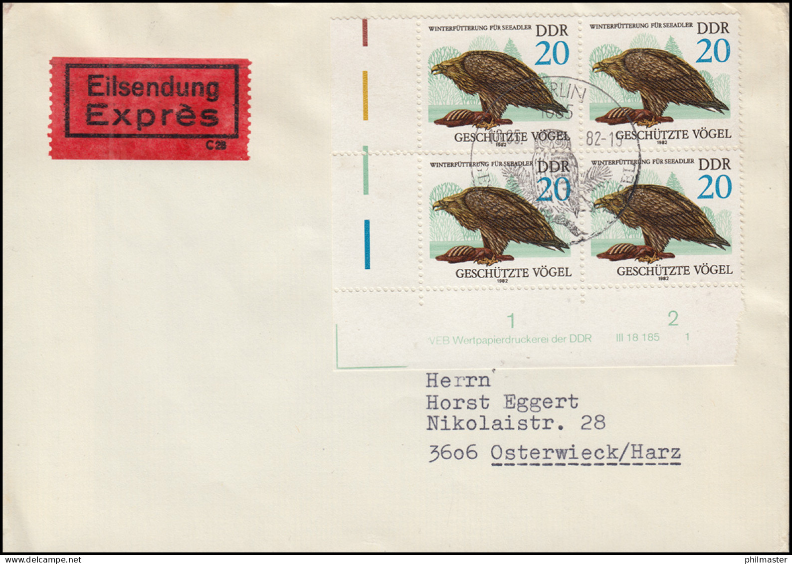 2702 Greifvögel: Seeadler ER-Viererblock Druckvermerk WPD 1, Auf FDC ESSt BERLIN - Covers & Documents