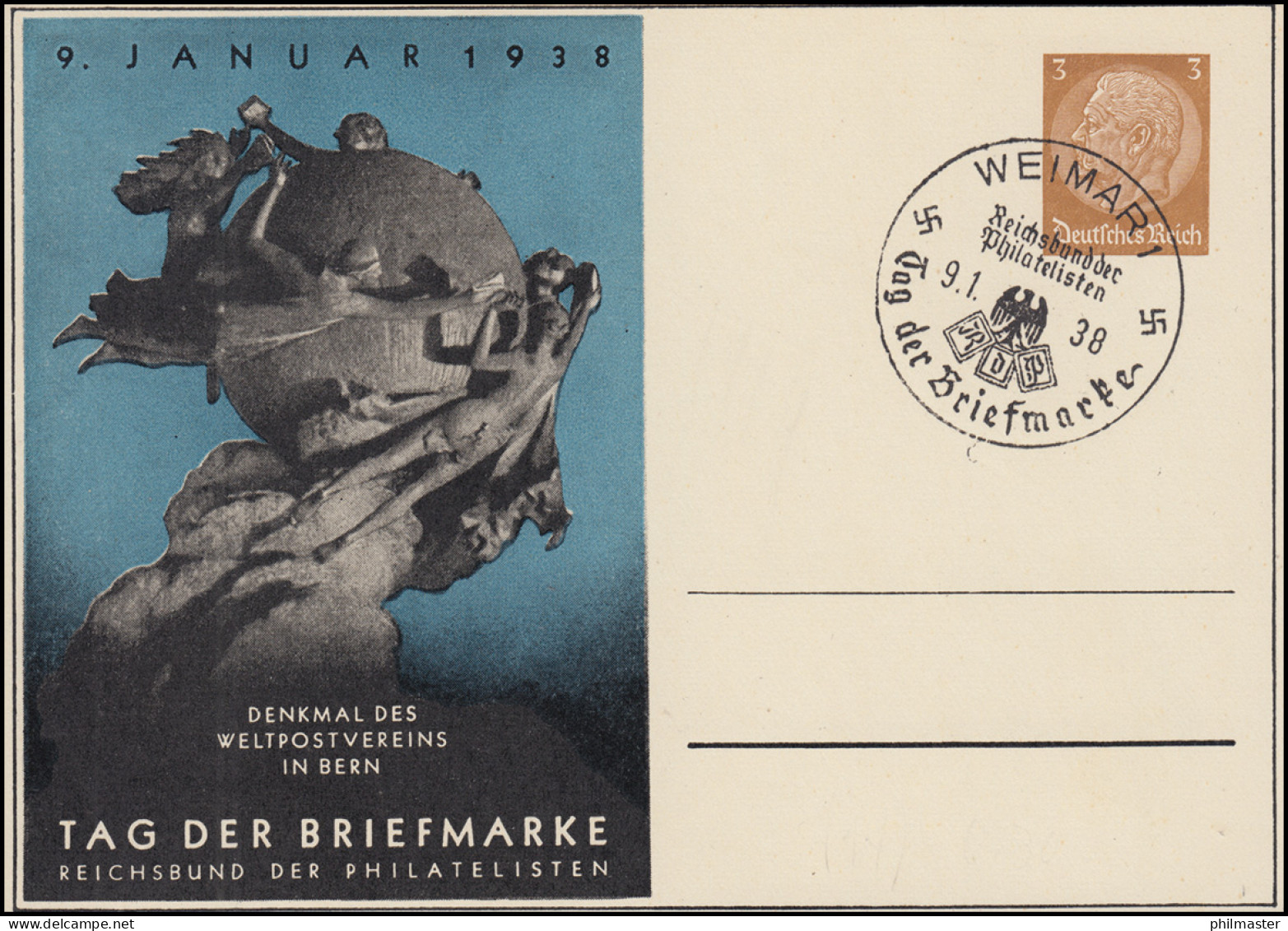 Sonderpostkarte TAG DER BRIEFMARKE Blau Weltpostverein 3 Pf SSt WEIMAR 9.1.38 - Tag Der Briefmarke