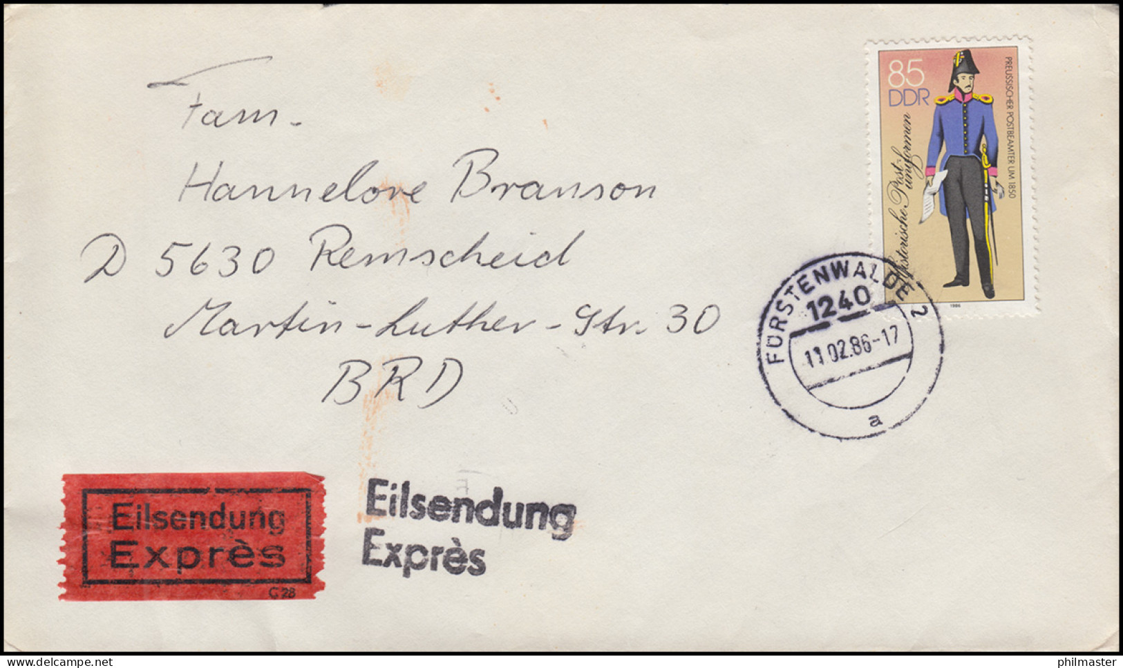 DDR 2999 Postuniformen 85 Pf Als EF Auf Eil-Brief FÜRSTENWALDE 11.2.1986 - Post