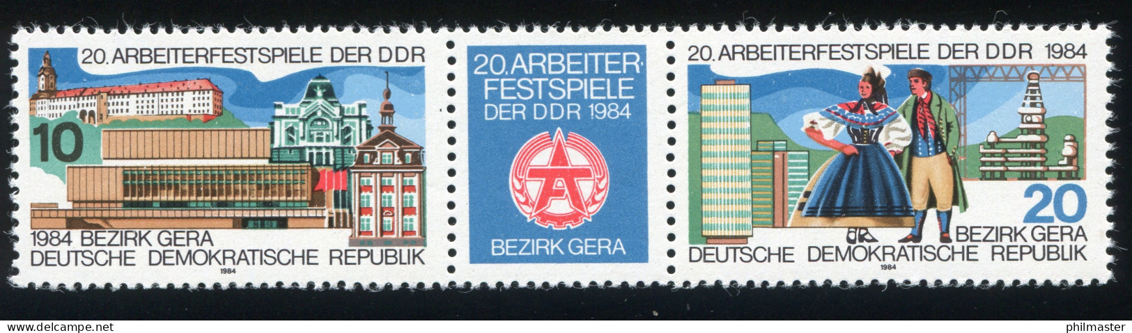 2880-2881 Gera 1984, Zusammendruck Mit PLF Im Zierfeld: Fleck Im Fuß Der 1, ** - Variétés Et Curiosités