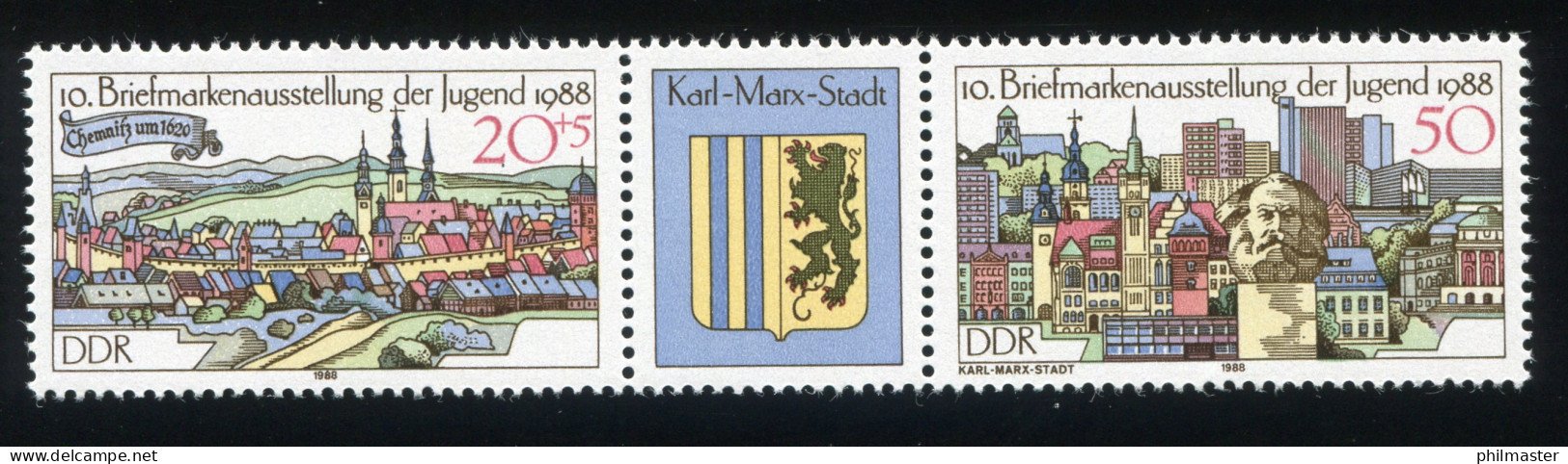 3174+3176 Chemnitz 1988, ZD Mit PLF Bei 3176: Fenstersprosse Defekt, Feld 57, ** - Variétés Et Curiosités