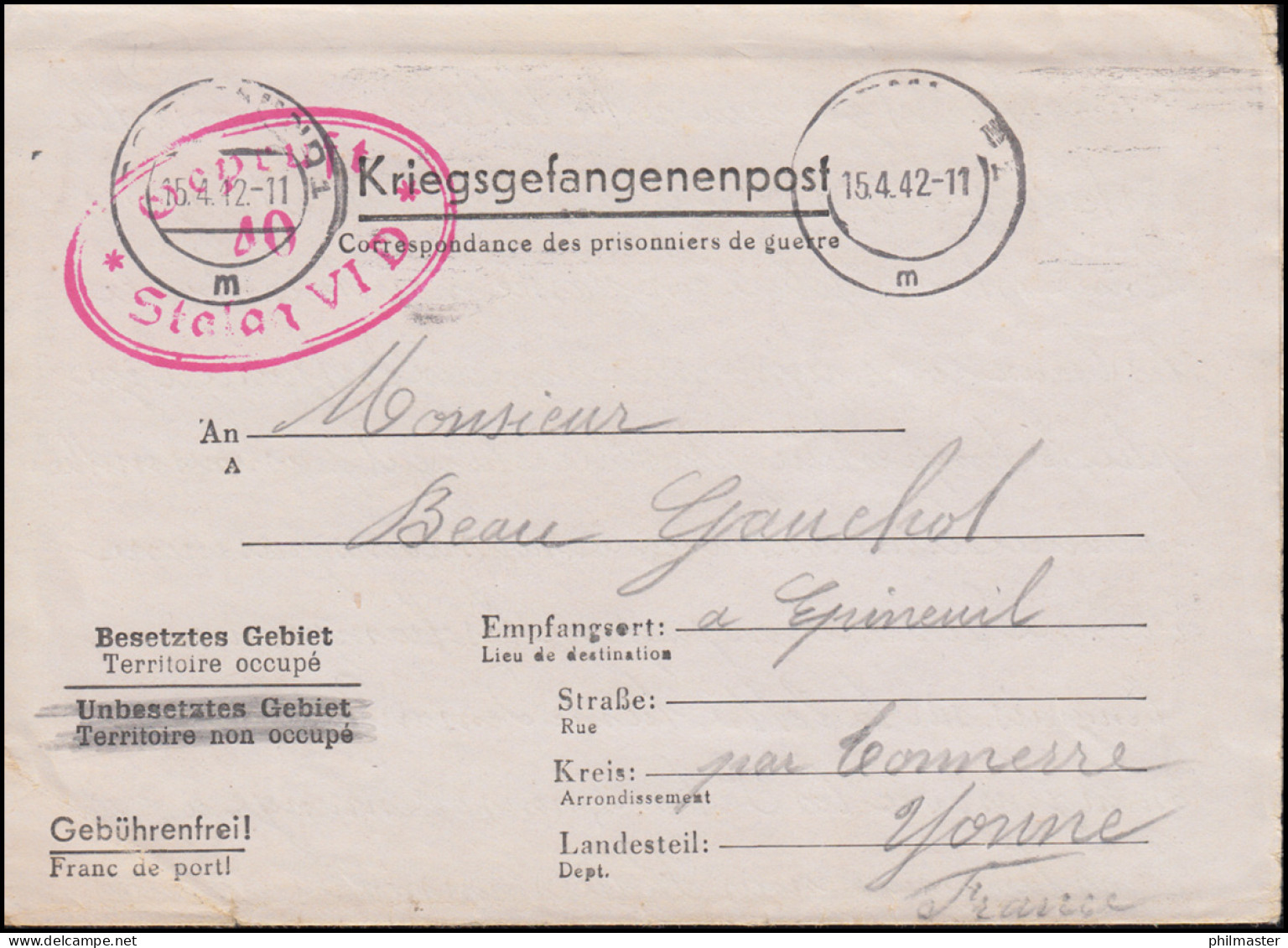 Kriegsgefangenenpost Stalag VI D Dortmund, Tarnstempel 15.4.1942 Nach Frankreich - Feldpost 2e Wereldoorlog