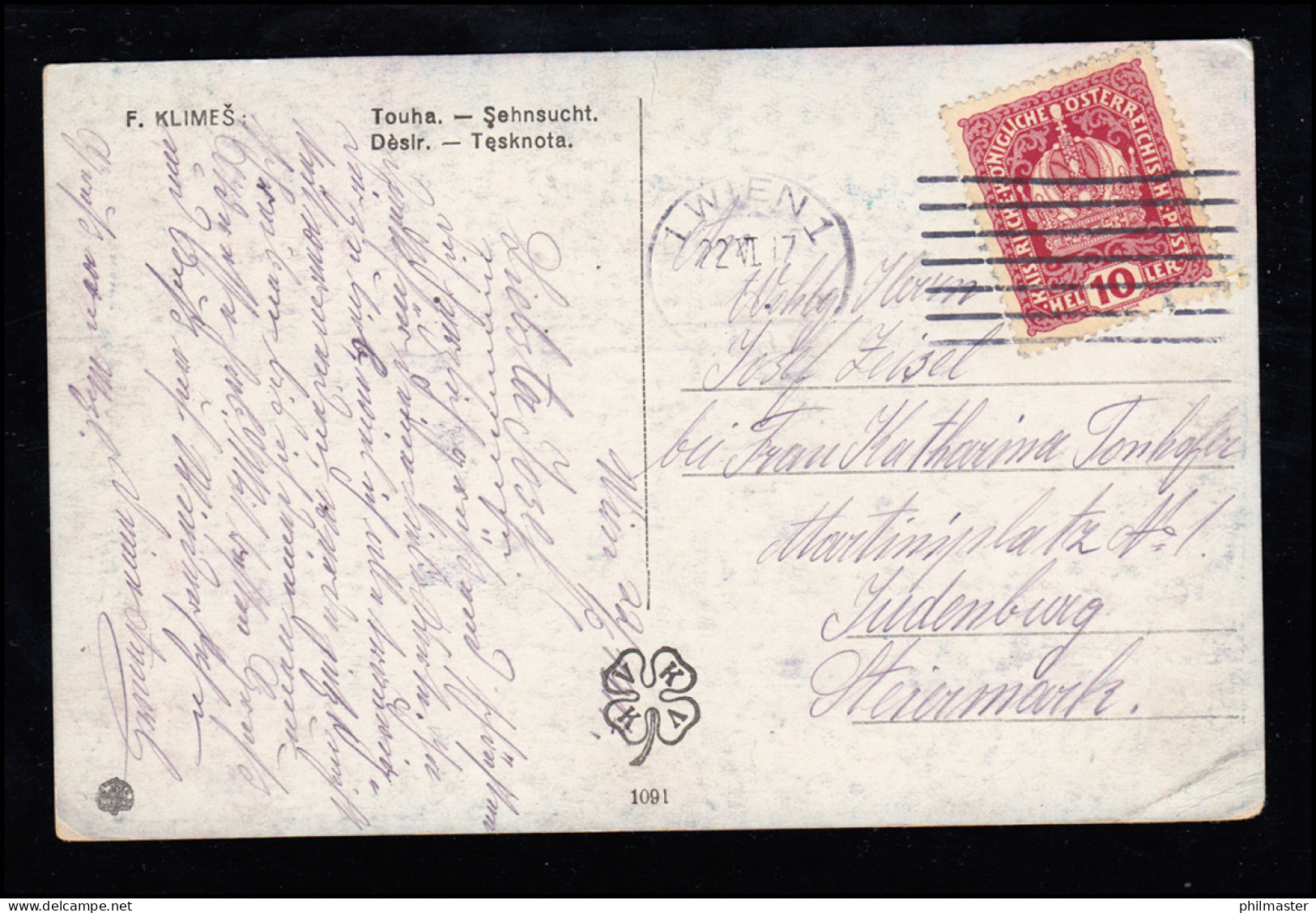 Künstler-AK F. Klimes: Sehnsucht - Junge Frau Sitzend Am Fluss, WIEN 22.6.1917 - Sin Clasificación
