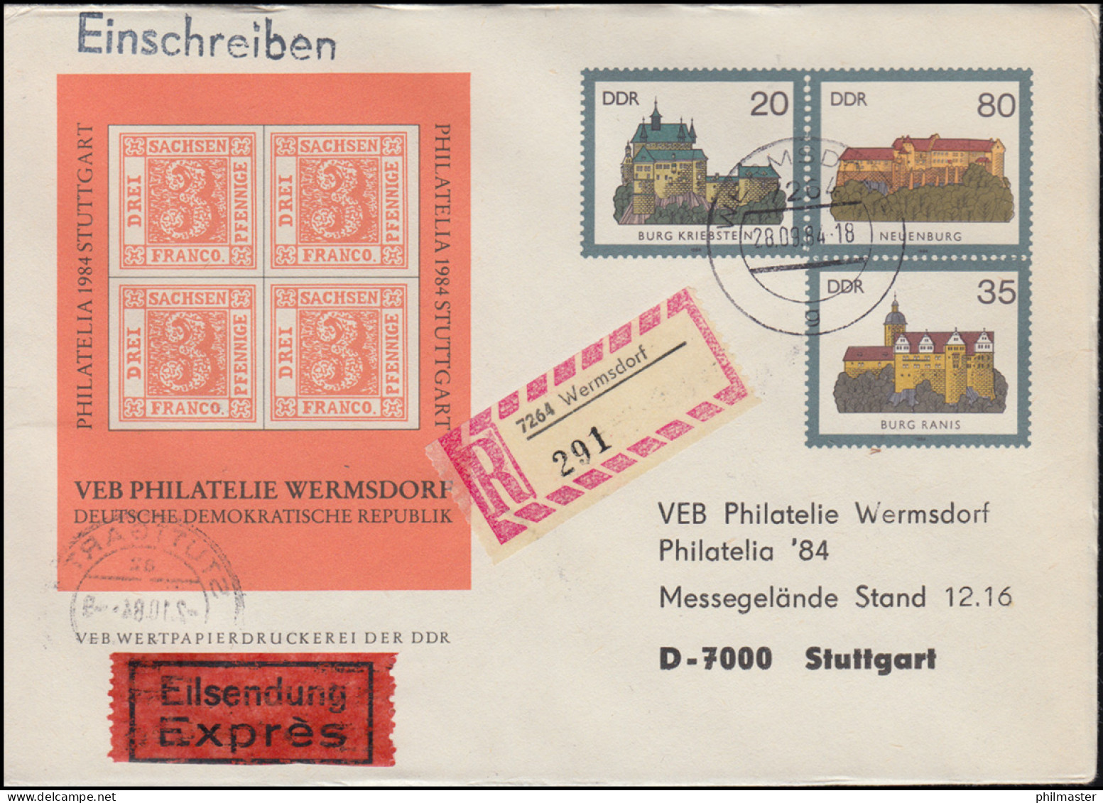 U 1 Burgen Der DDR 1984 Stuttgart Sachsendreier, Eil-R-Brief WERMSDORF 28.9.1984 - Sonstige & Ohne Zuordnung