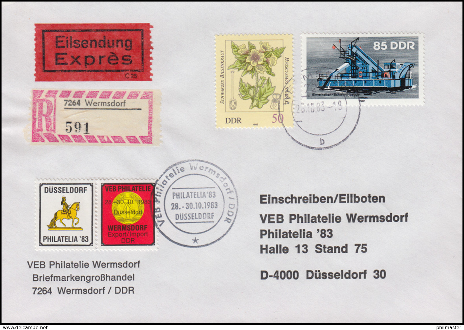 DDR-Brief An Die Philatelia'83 Nach Düsseldorf MiF Eil-R-Bf WERMSDORF 25.10.1983 - Expositions Philatéliques