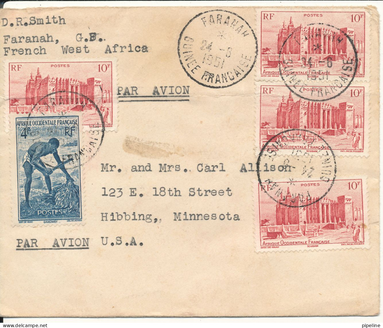 Afrique Occidentale Francaise Cover Sent Air Mail To USA Guinee Francaise 24-6-1951 - Cartas & Documentos