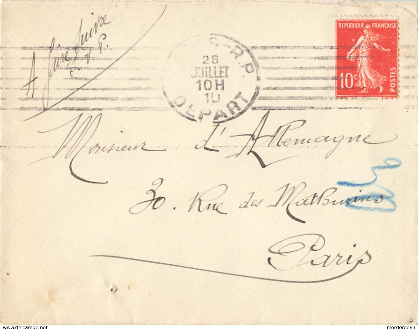 Anneau Lune Sur Semeuse 10c Sur Lettre Paris 28/7/1910 - 1906-38 Semeuse Con Cameo