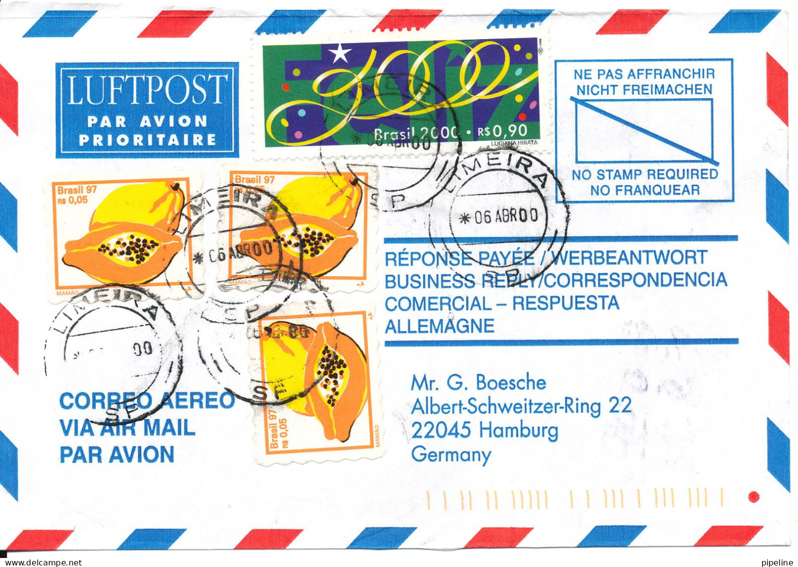 Brazil Air Mail Cover Sent To Germany 6-4-2000 Topic Stamps - Poste Aérienne