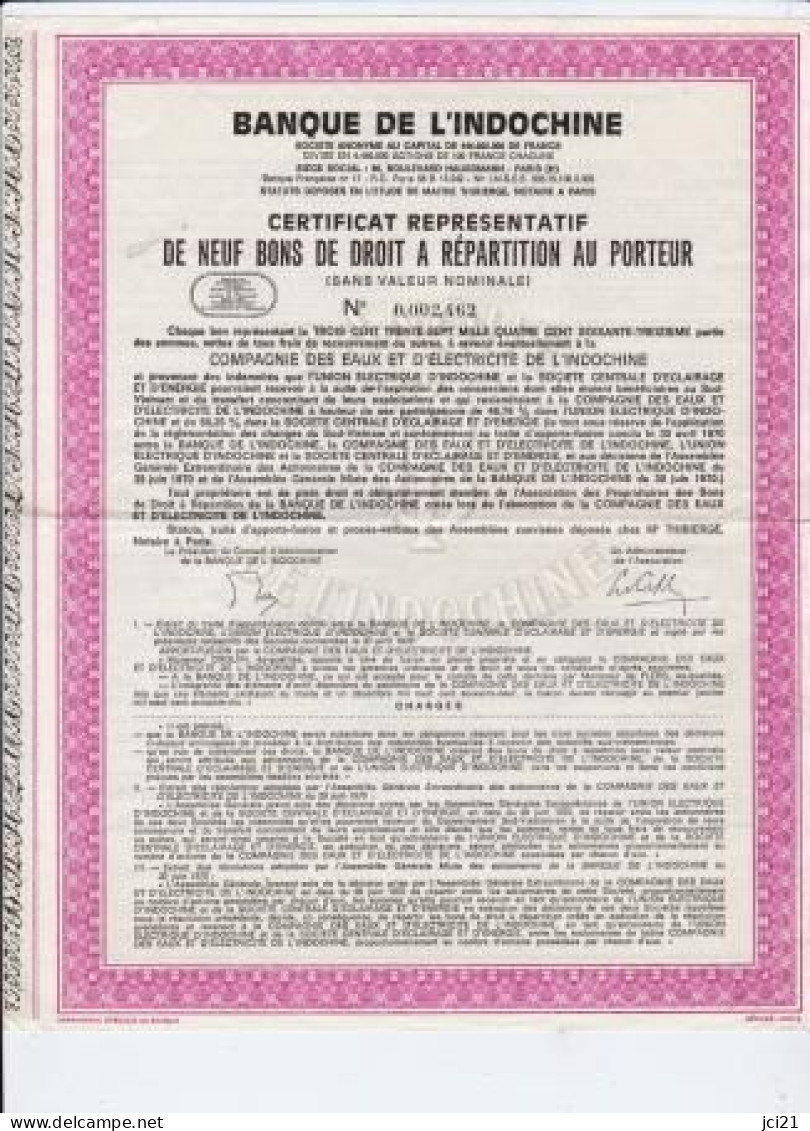 Banque De L'Indochine - Neuf Bons De Droit N° 0.002,462 [_RLVP98-99] - Banque & Assurance