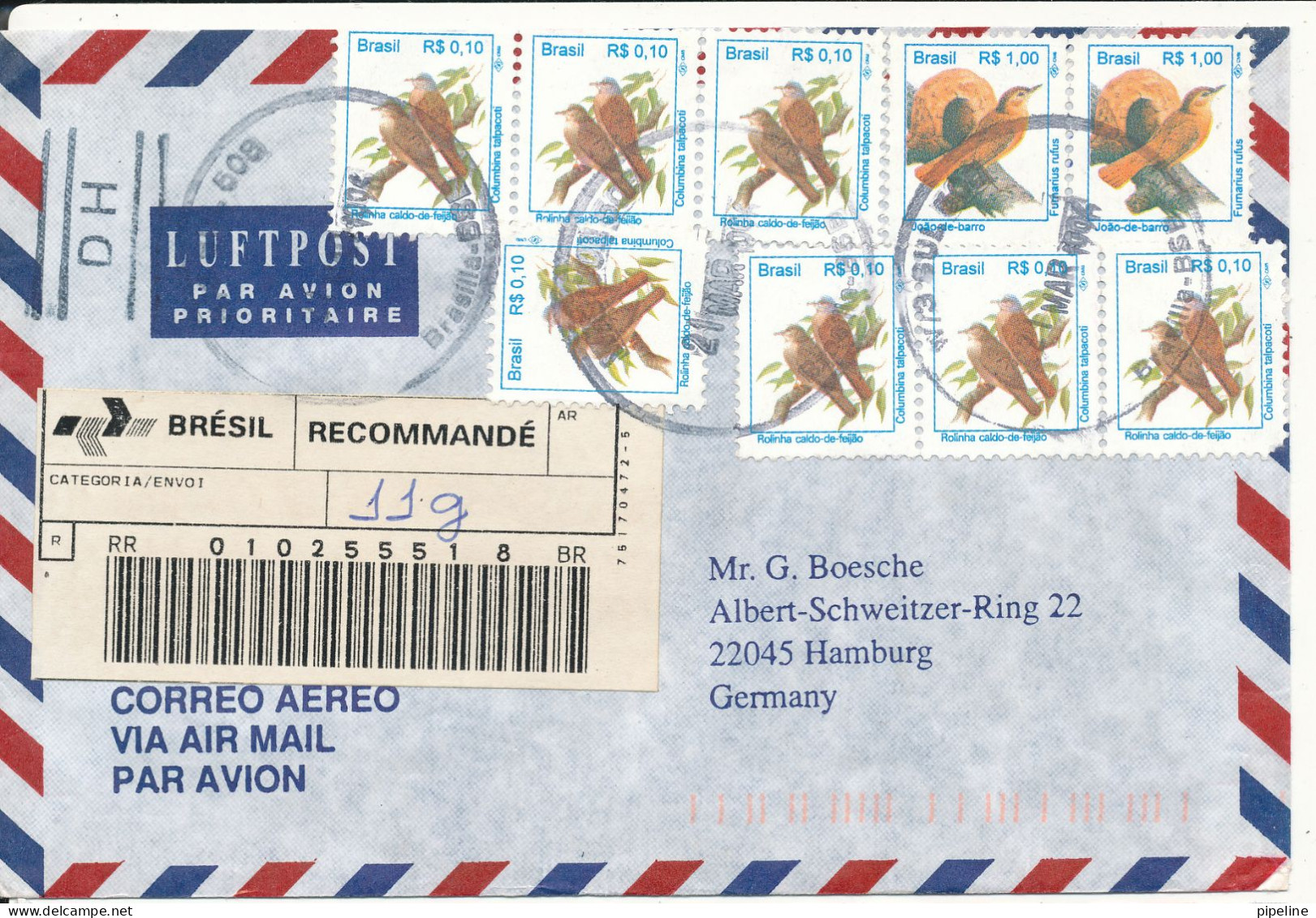 Brazil Registered Air Mail Cover Sent To Germany 21-3-1996 Topic Stamps BIRDS (some Of The Stamps Are Damaged) - Luftpost