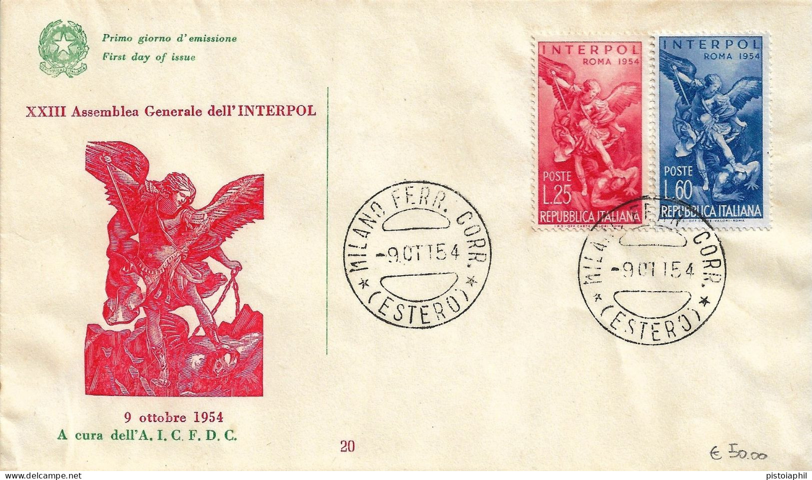 Fdc AICFDC: INTERPOL 1954 No Viaggiata, Annullo  Milano - FDC