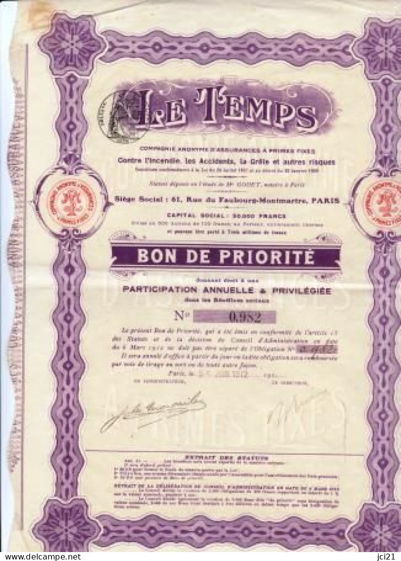 Le Temps Bon De Priorité  N° 0,982 [_RLVP100-101] - Banca & Assicurazione
