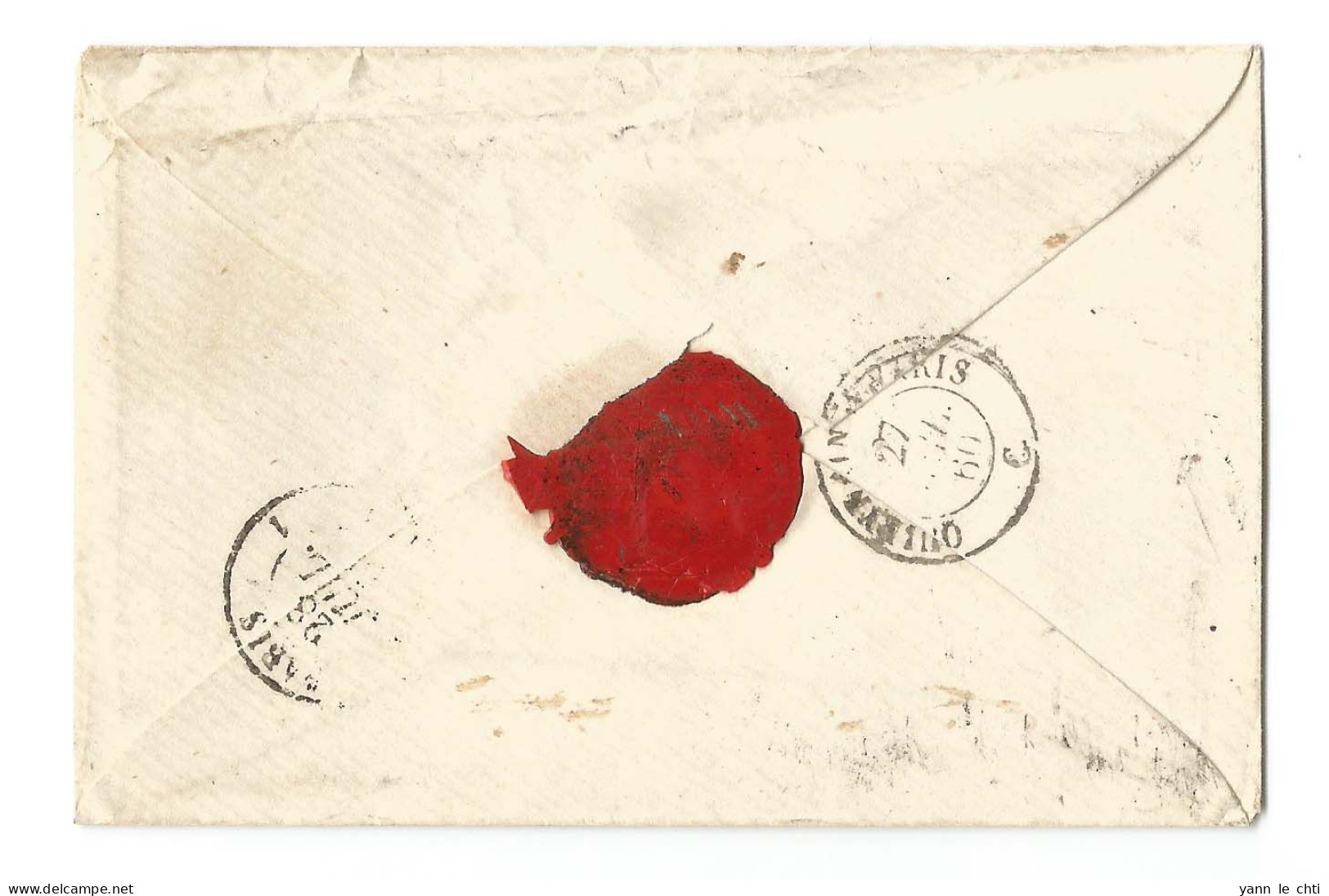 1860 Dunkerque 59 Nord CAD Type 15 Vers Paris Taxe 4 Decimes  Cachet Rouge Affranchissement Insuffisant Losange 1152 - 1853-1860 Napoléon III