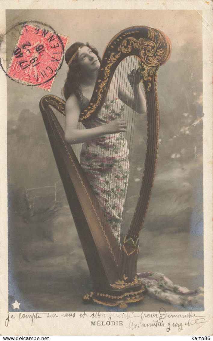 Femme Et Sa Harpe * Carte Photo 1906 * Instrument De Musique Harp * MELODIE Mélode - Music And Musicians