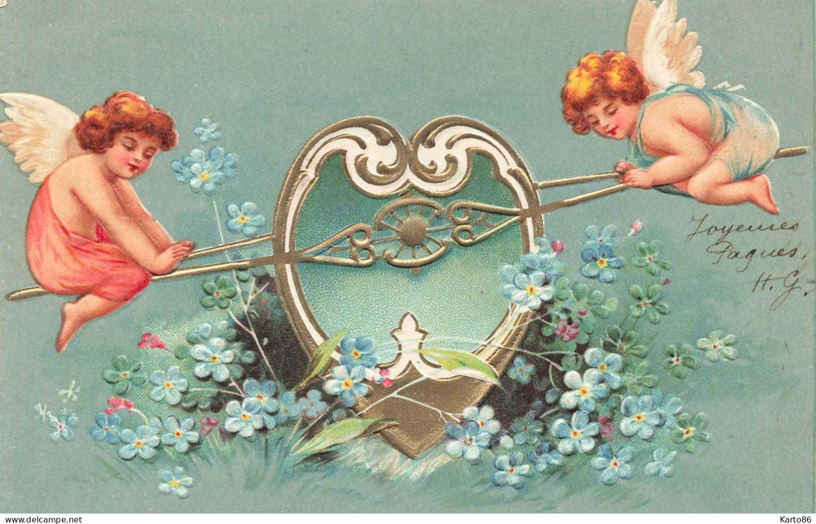 Anges Angelots Angels * CPA Gaufrée Embossed Illustrateur * Tape Cul Balançoire Jeux Enfants * Coeur Heart Dorures Fleur - Engelen