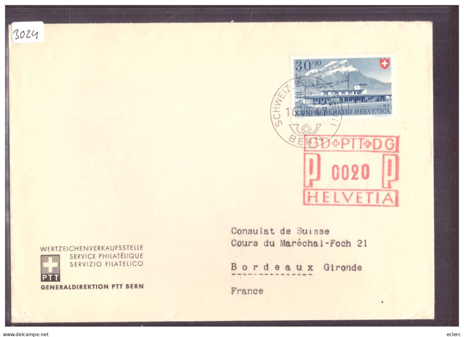 AFFR. MECANIQUE 1947 - LETTRE DE PTT BERN POUR CONSULAT DE SUISSE EN FRANCE - Frankiermaschinen (FraMA)