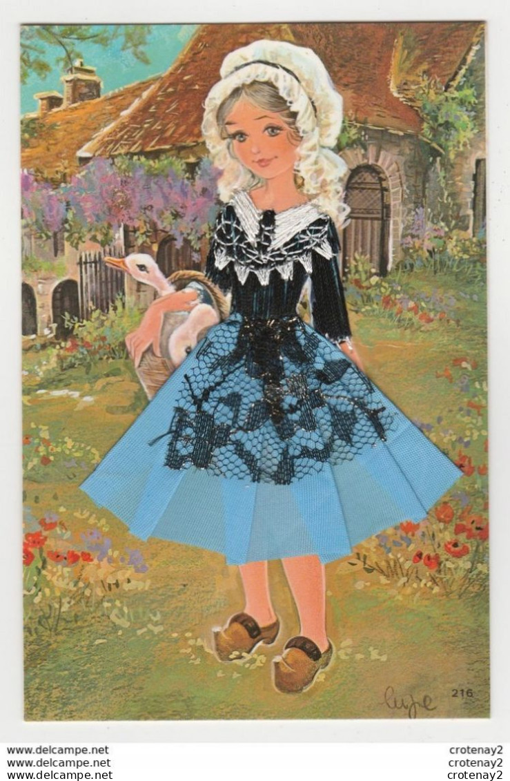 Carte Brodée N°216 Périgordine En 1981 Jeune Fille En Costume Du PERIGORD Avec Canards Ou Oies Illustrateur ? - Embroidered