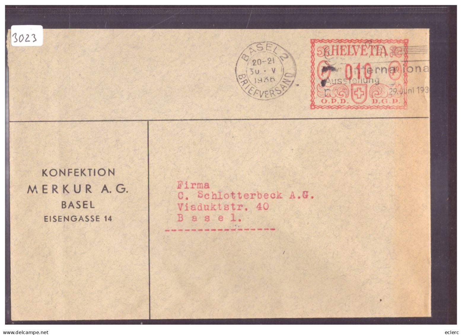 AFFR. MECANIQUE 1936 - KONFEKTION MERKUR A.G. BASEL - Postage Meters