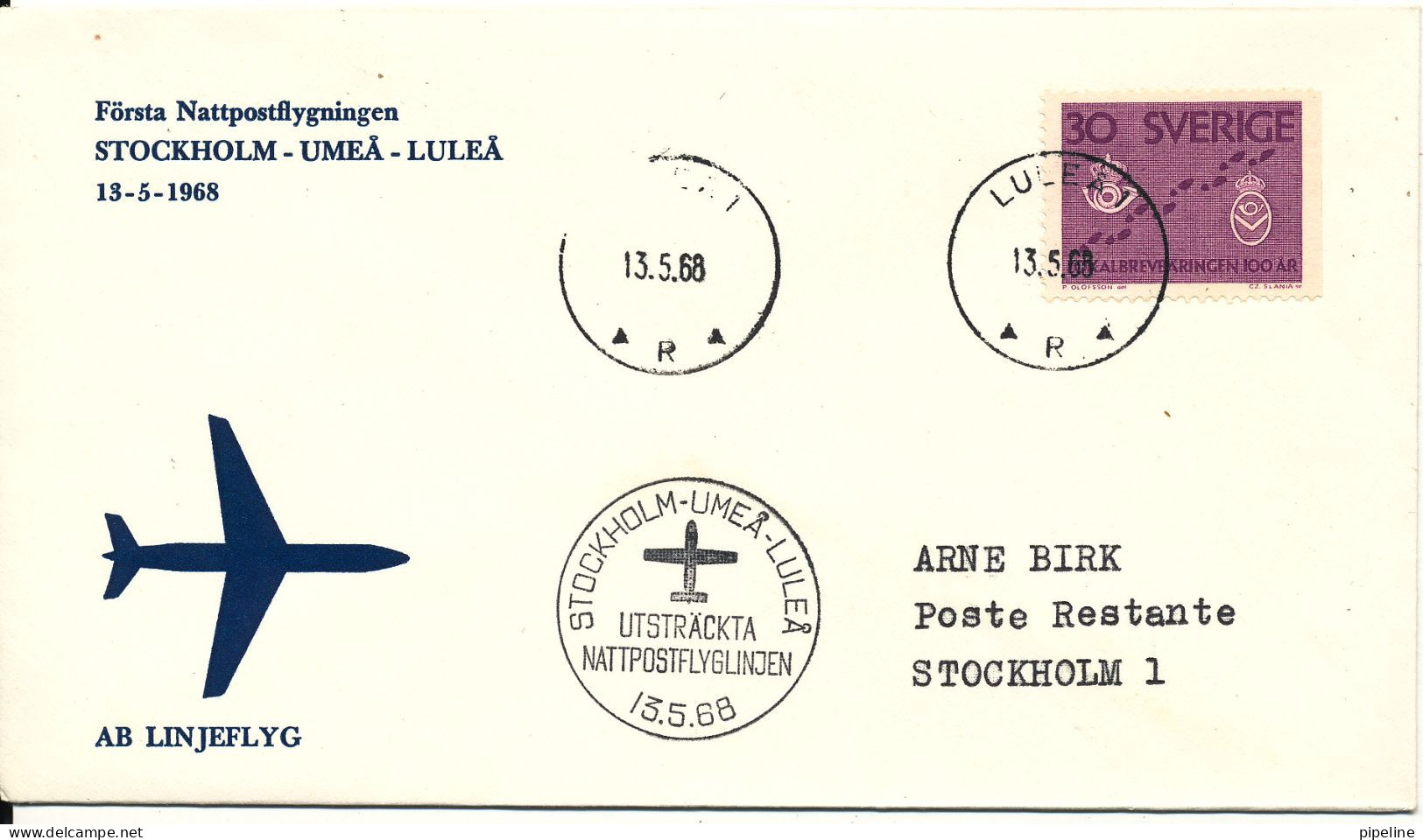 Sweden First AB Linjeflyg Airmail Nightflight Stockholm - Umea - Lulea 13-5-1968 - Briefe U. Dokumente