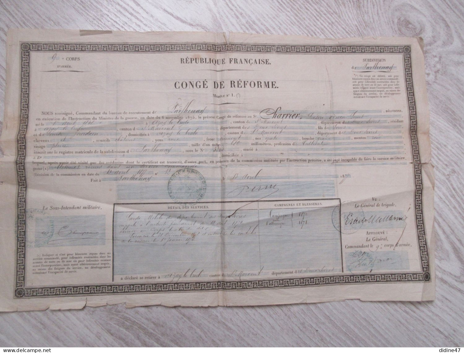 MILITARIA - CONGÉ DE RÉFORME - CHARRIER Ex GARDE MOBILE - 1877 - Documents