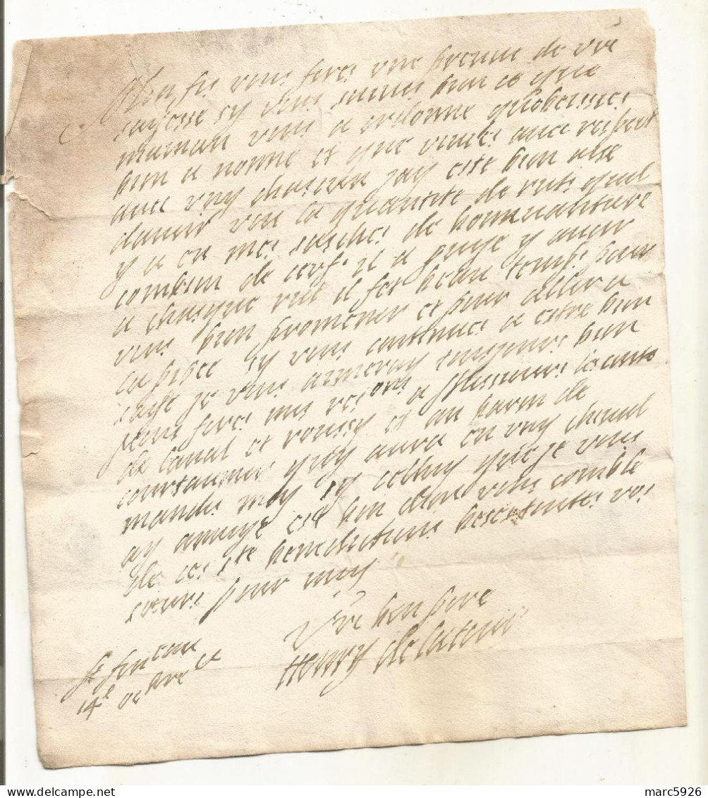 N°1952 ANCIENNE LETTRE DE HENRI DE LA TOUR A MON FILS AVEC CACHET DE CIRE ET RUBAN PAS DE DATE - Historical Documents