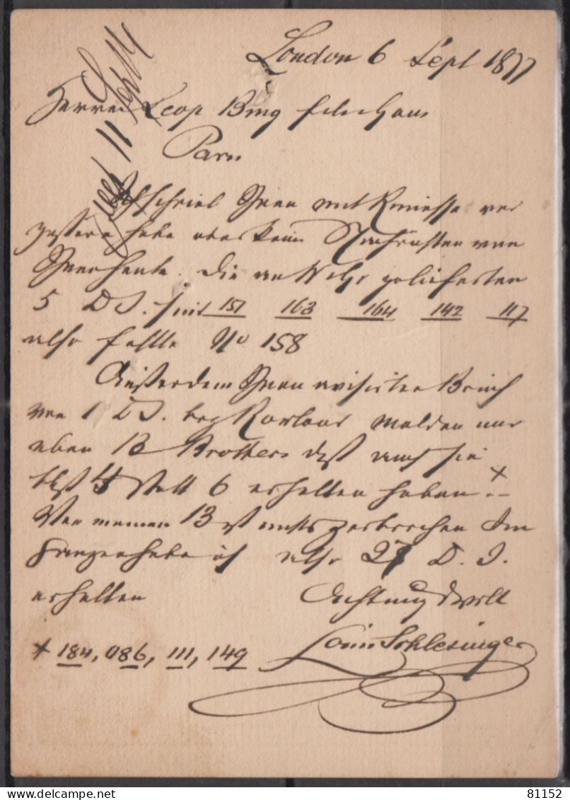 G.B.  Entier VICTORIA 0ne Penny  Posté à LONDRES    Le 3 SP 1877    Pour PARIS - Material Postal