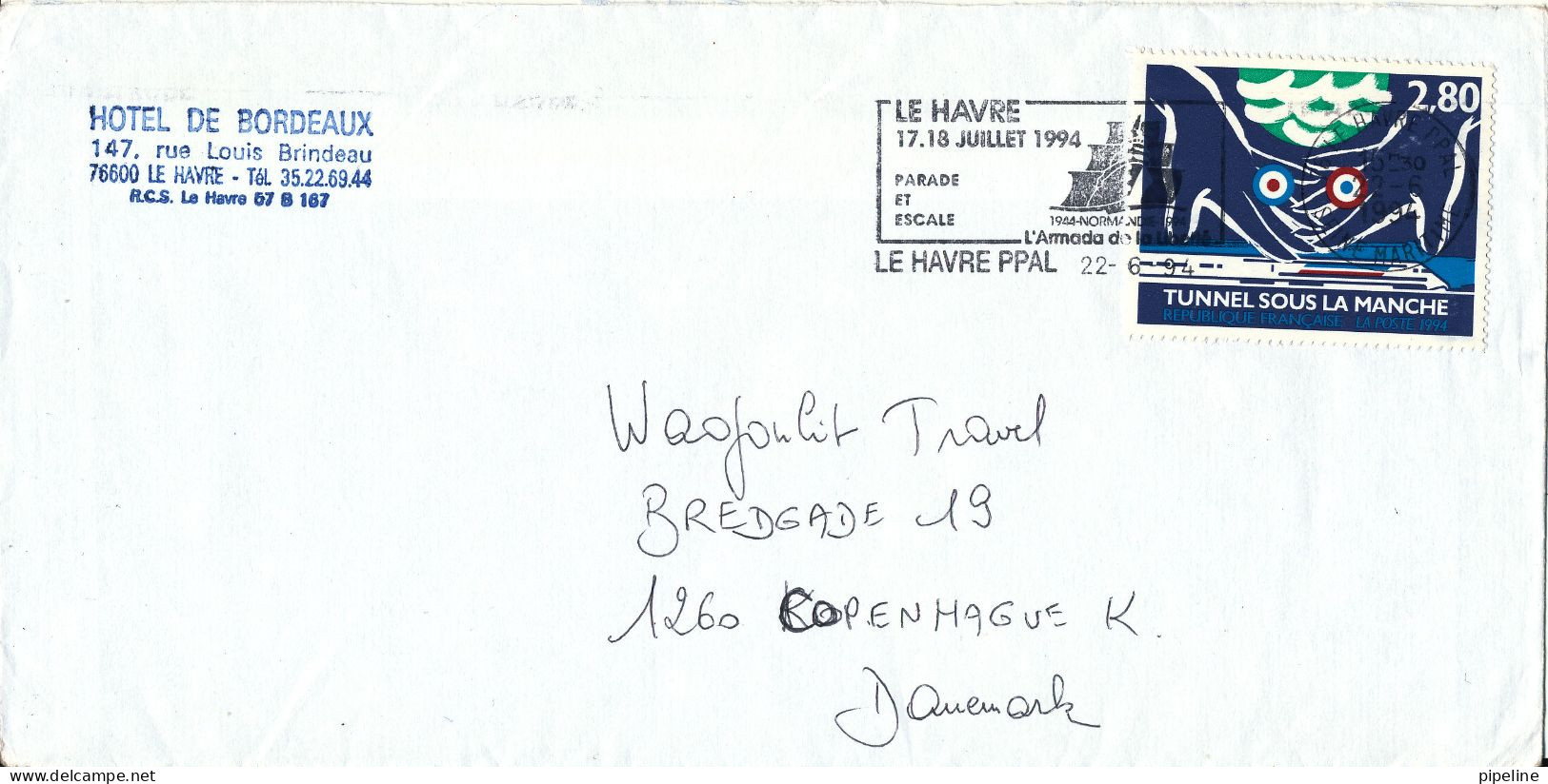 France Cover Sent To Denmark Le Havre 22-6-1994 Single Franked Tunnel Stamp - Briefe U. Dokumente