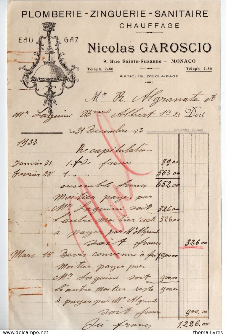 (Monaco) Facture  NICOLAS GAROSCIO Plomberie Zinguerie Sanitaire Chauffage 1921  .(PPP47217) - Sonstige & Ohne Zuordnung