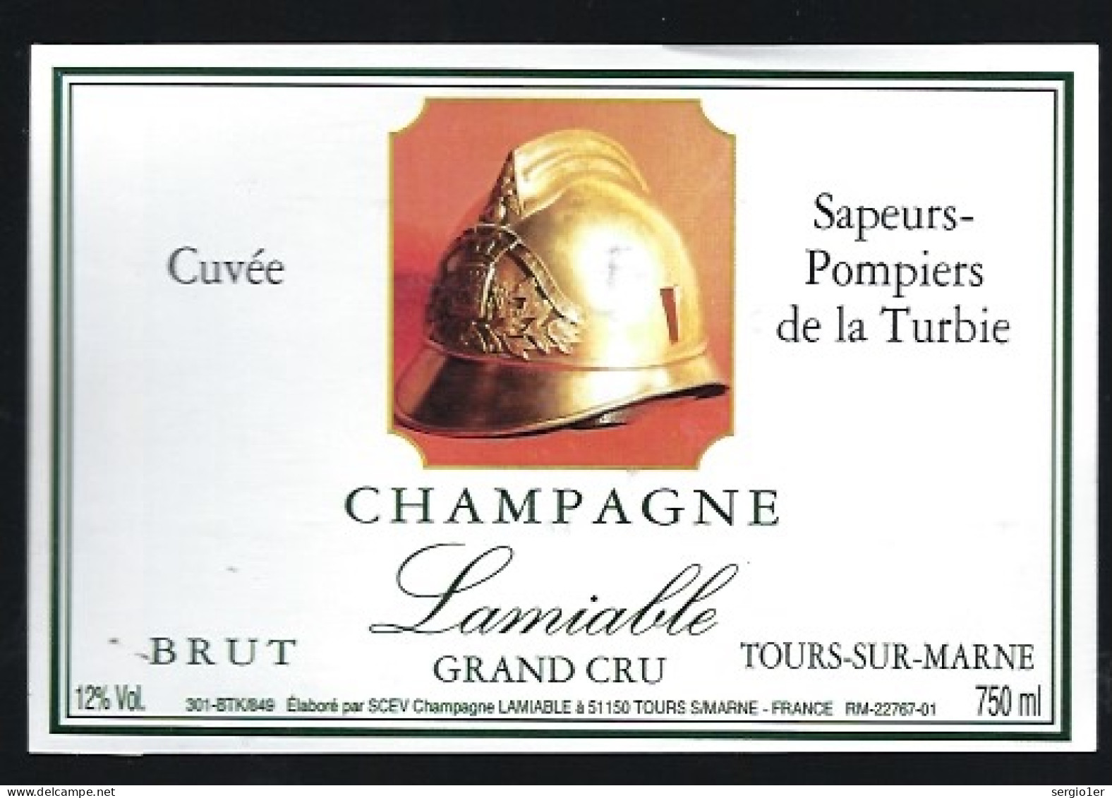 Etiquette Champagne Brut Grand Cru Cuvée Sapeurs Pompiers De La Turbie Lamiable Tours Sur Marne Marne 51 " Casque" - Champan