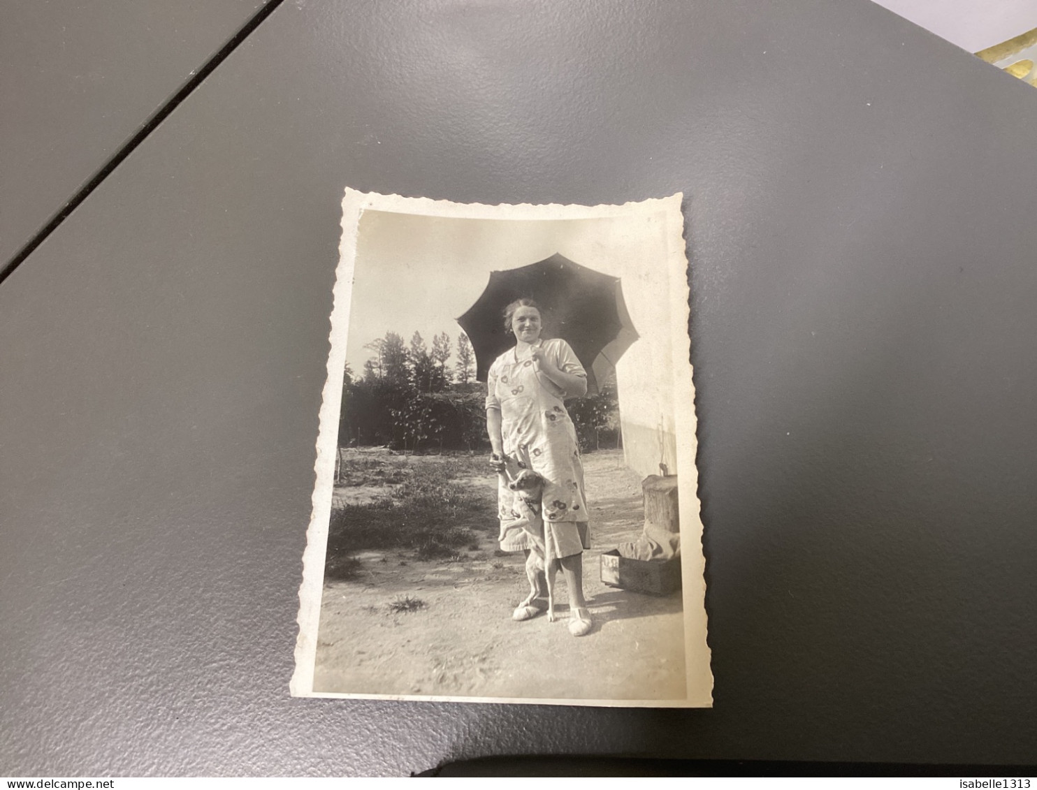 PHOTO SNAPSHOT 1930 Cannes Femme, Debout Avec Une Ombrelle Parapluie, Chien, Debout Entre Ses Jambes, Valise Derrière - Anonyme Personen