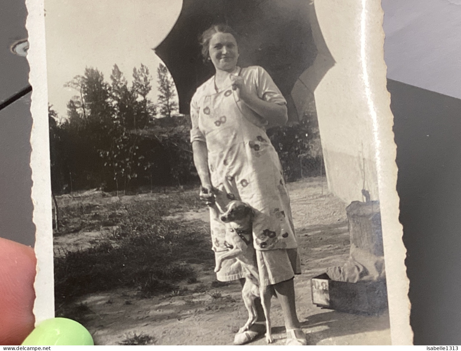 PHOTO SNAPSHOT 1930 Cannes Femme, Debout Avec Une Ombrelle Parapluie, Chien, Debout Entre Ses Jambes, Valise Derrière - Anonyme Personen