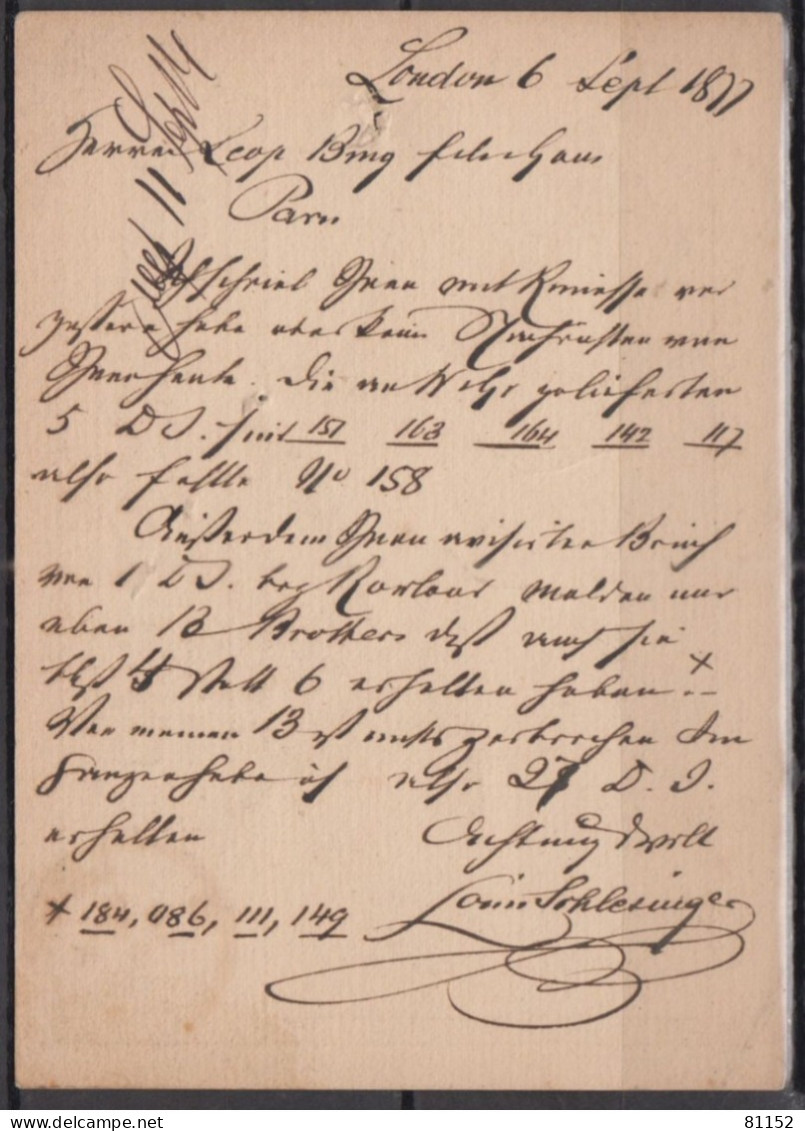 G.B.  Entier VICTORIA 0ne Penny  Posté à LONDRES    Le 6 SP 1877    Pour PARIS - Material Postal