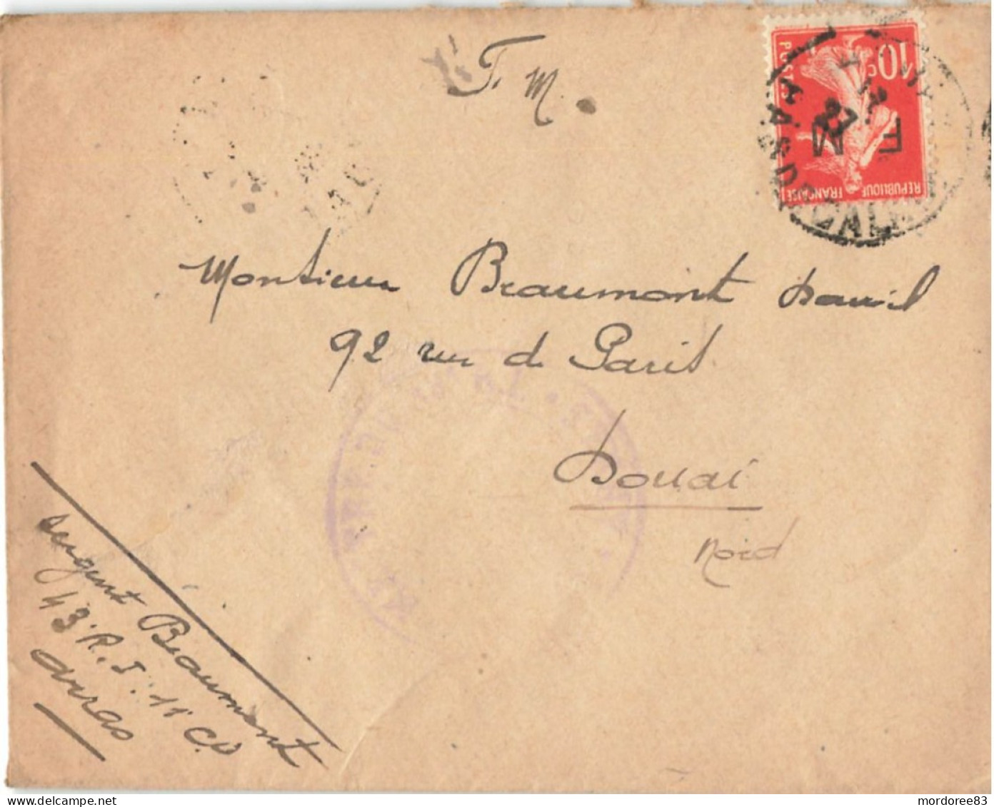 SEMEUSE10C SURCHARGE FM SUR LETTRE 43eme REGIMENT INFANTERIE ARRAS POUR DOUAI - Storia Postale