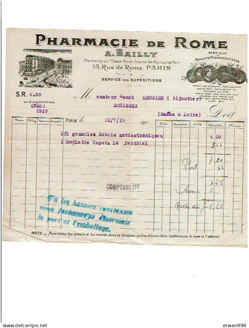 75 PARIS Pharmacie BAILLY Rue De Rome Facture Illustrée  Du 31/7/1919   Santé  1133 - 1900 – 1949