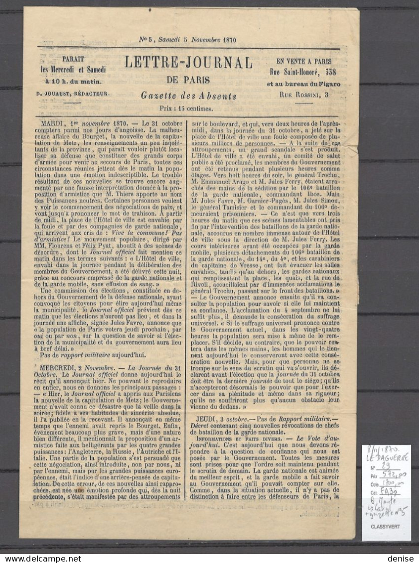 France - Ballon Monté - LE DAGUERRE - 08/11/1870 Pour Laval  + Gazette - War 1870