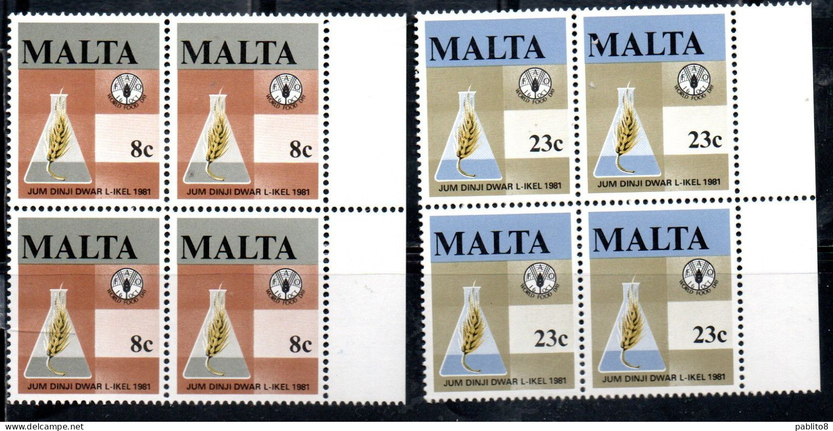 MALTA 1981 WORLD FOOD DAY GIORNATA MONDIALE DELL'ALIMENTAZIONE COMPLETE SET SERIE COMPLETA BLOCK QUARTINA MNH - Malta