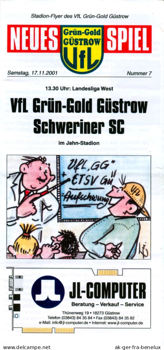 Fußball-Programm PRG VfL Grün-Gold Güstrow Vs Schweriner SC 17. 11. 2001 Eintracht Dynamo 1. FSV Mecklenburg-Vorpommern - Programs